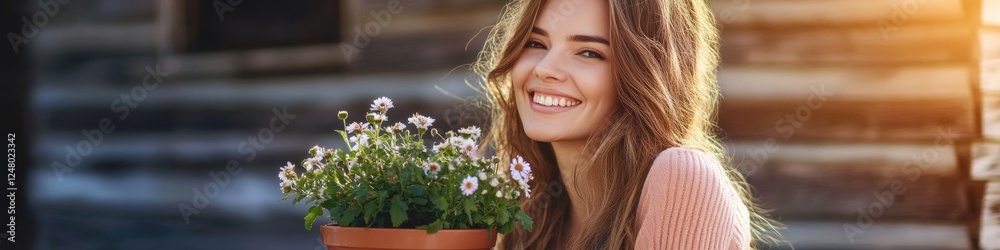 A young woman holds a small potted plant, ready for care and nurturing A young woman holds a small potted plant, ready for care and nurturing
