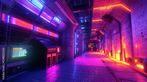 Fototapeta Naklejka Na Ścianę i Meble -  Abstract data center room with bright neon blue and pink light glowing server blocks. Realistic 3d vector illustration of tunnel with digital information and database warehouse super computer.