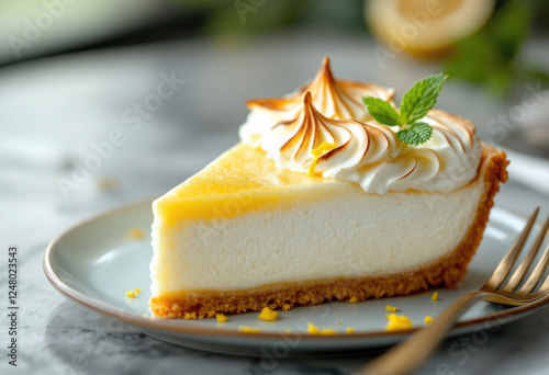 Gourmet lemon cheesecake slice with whipped cream and mint garnish photo