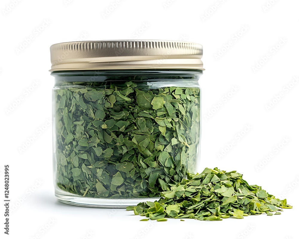 Dried green herbs in glass jar Dried green herbs in glass jar