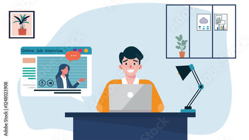 Illustration of an online job interview with a remote candidate and recruiter on a video call. Modern workplace setting, virtual hiring, and recruitment concept. for HR, career, and business theme