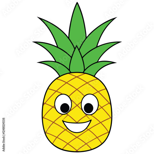 Cute and funny pineapple character with smiling face standing with hands on hips, cartoon vector illustration isolated on white background