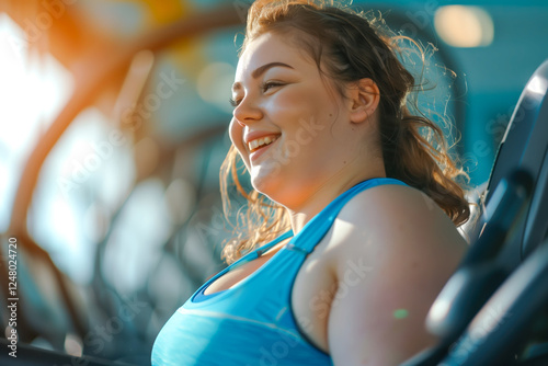 Happy confident overweight woman in blue fitness clothes on trainer treadmill in gym, close up, copy space, concept of healthy lifestyle, losing weight, work out in gym