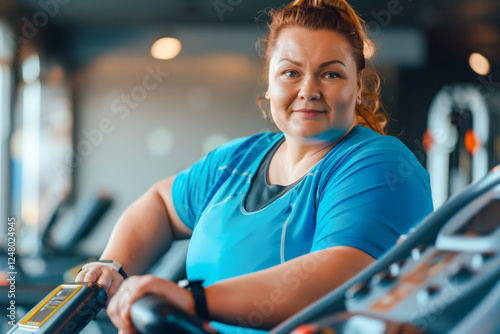 Happy confident overweight woman in blue fitness clothes on trainer treadmill in gym, close up, copy space, concept of healthy lifestyle, losing weight, work out in gym