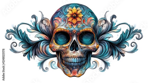 Ornate Skull with Floral Motifs and Surreal Psychedelic Elements in Vibrant Colors