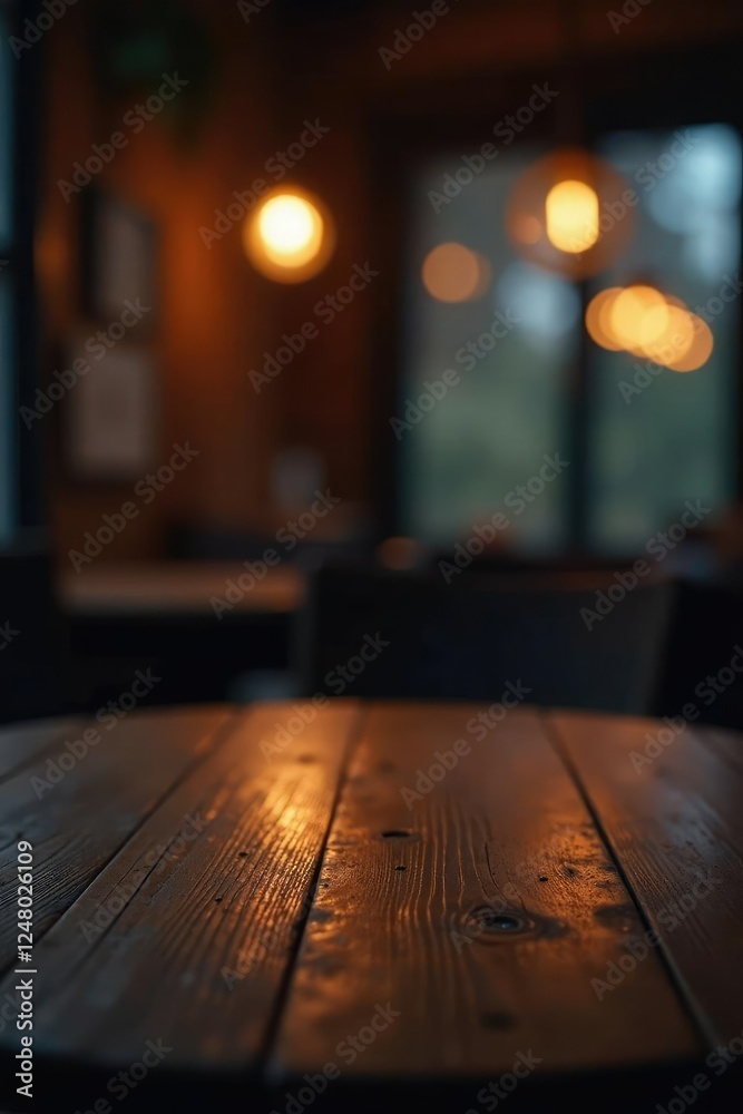 Dark wooden table against a bokeh background with a single light source, ambient, lighting Dark wooden table against a bokeh background with a single light source, ambient, lighting