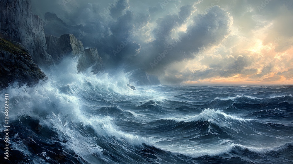 Fototapeta premium Raging ocean waves crashing, deep blue waters with turbulent froth, conveys power and chaos, perfect for maritime themes.