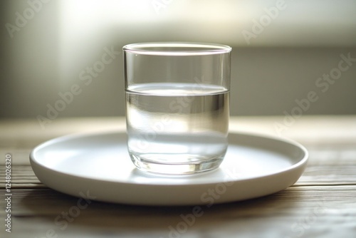 A glass of water sitting on a plate, ready to be consumed