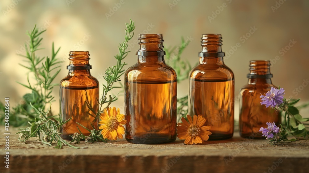 Herbal essential oils on rustic wood.  Background blurred. Use wellness product marketing