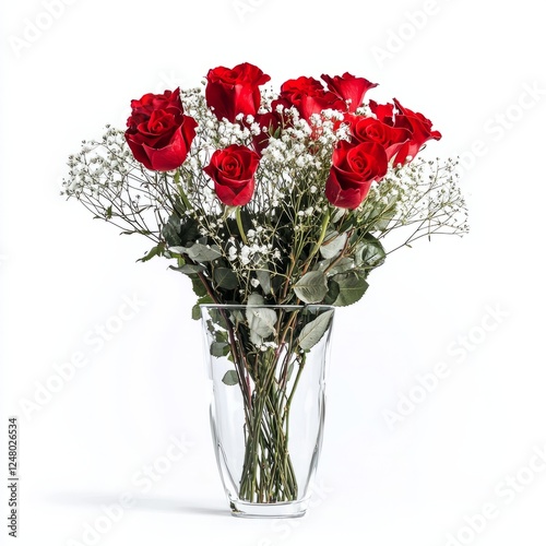 A glass vase holding a mix of red roses and baby’s breath, on isolated white background
