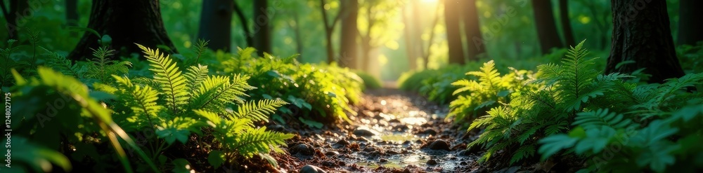 Dappled sunlight on wet forest floor with ferns, floor, leaves, foliage Dappled sunlight on wet forest floor with ferns, floor, leaves, foliage