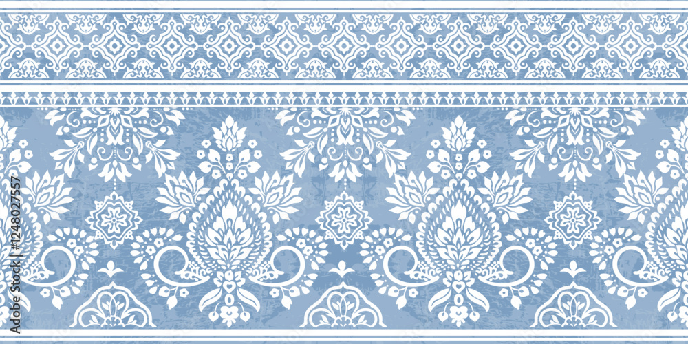 floral pattern vintage ethnic modern embroidery texture boho design vector illustration hand drawn pink flower motif branches leaves wallpaper seamless background border.	
