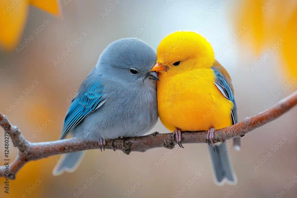 Fototapeta premium Love in Bloom. Two birds, perch intimately on a branch, sharing a tender moment that symbolizes affection and companionship in nature.