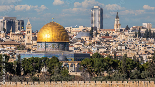 Panorama of the Temple Mount with the Al Aqsa Mosque and modern Jerusalem in the background