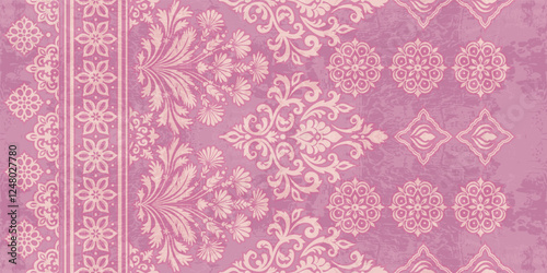 floral pattern vintage ethnic modern embroidery texture boho design vector illustration hand drawn pink flower motif branches leaves wallpaper seamless background border.	
