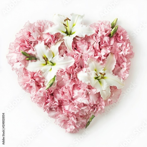 A heart-shaped floral arrangement of pink carnations and white lilies, on isolated white background