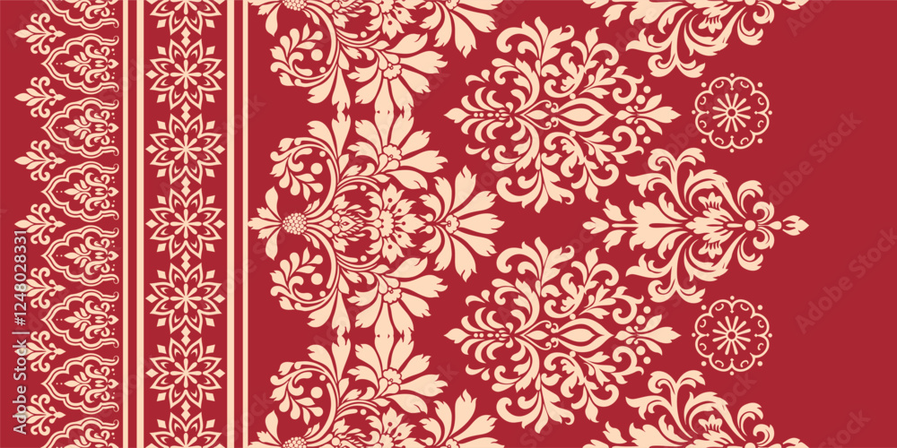 floral pattern vintage ethnic modern embroidery texture boho design vector illustration hand drawn pink flower motif branches leaves wallpaper seamless background border.	
