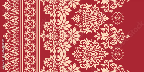 floral pattern vintage ethnic modern embroidery texture boho design vector illustration hand drawn pink flower motif branches leaves wallpaper seamless background border.	
