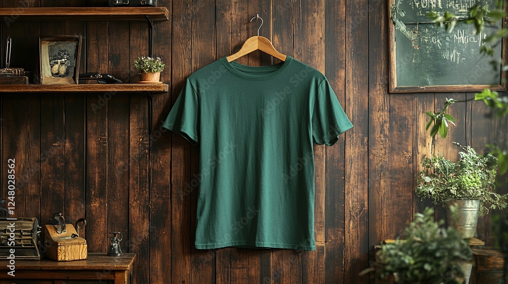 Naklejka premium Green t-shirt hanging on a rustic wooden wall, clean and minimal design, soft lighting, perfect for showcasing casual fashion