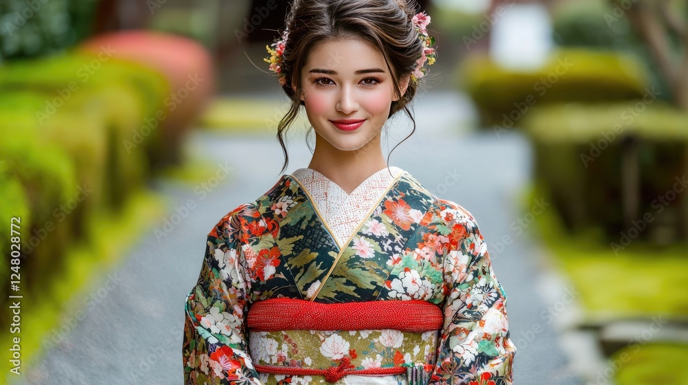 Fototapeta premium Stunning Japanese Woman in Traditional Kimono, Beautiful Portrait in a Serene Garden Setting