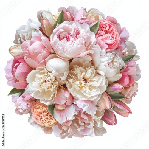 A heart-shaped floral arrangement of pink carnations and white lilies, on isolated white background