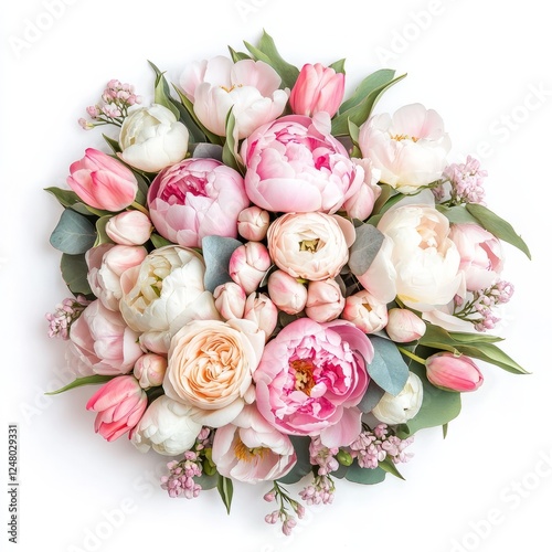 A heart-shaped floral arrangement of pink carnations and white lilies, on isolated white background