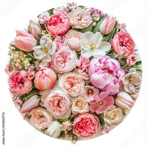 A heart-shaped floral arrangement of pink carnations and white lilies, on isolated white background