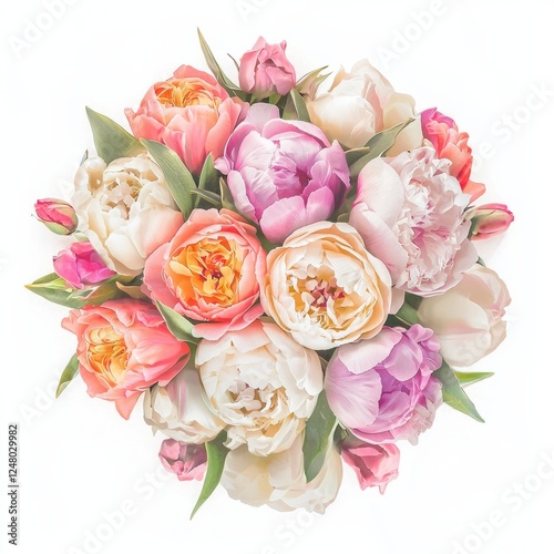 A heart-shaped floral arrangement of pink carnations and white lilies, on isolated white background