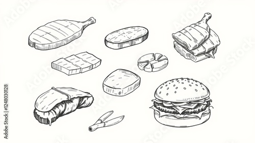 A collection of hand-drawn vector illustrations depicting a variety of meat dishes for menu design, including steak, burgers, ribs, and chicken, sketches, meat, steak photo