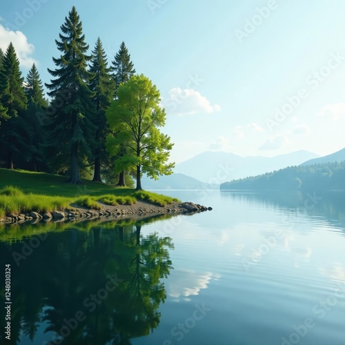 Towering trees on isolated shores of a serene lake, nature, lature, lake scenery photo