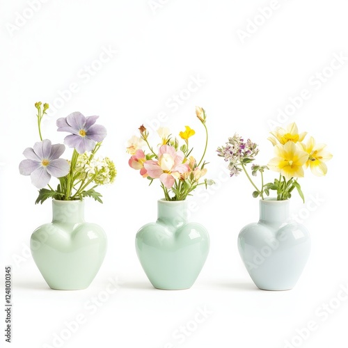 A set of three small heart-shaped flower arrangements in matching vases, on isolated white background