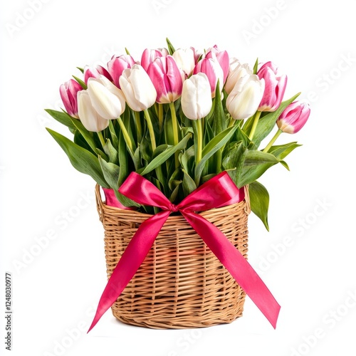 A wicker basket filled with pink and white tulips tied with a red ribbon, on isolated white background
