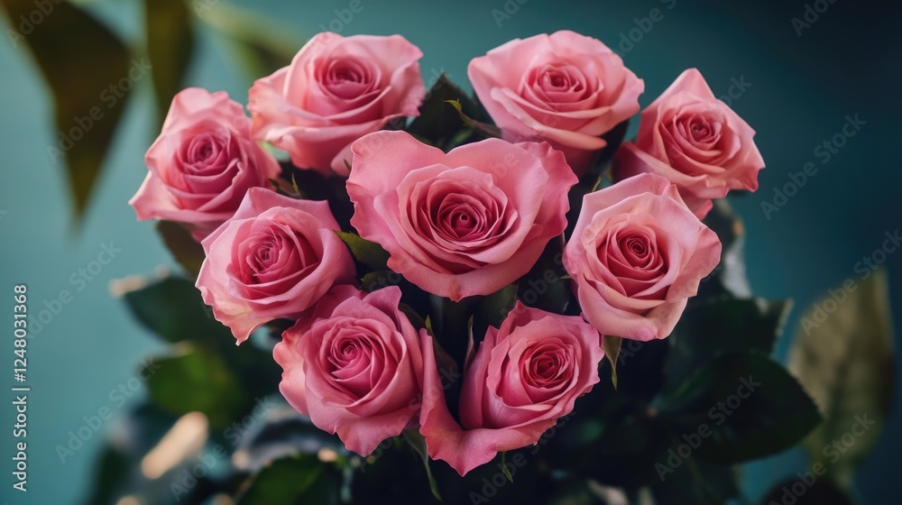 A bouquet of fresh pink roses arranged in a decorative vase A bouquet of fresh pink roses arranged in a decorative vase