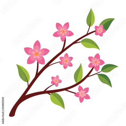 Pink cherry blossom branch with blooming flowers and petals on tree in spring garden closeup