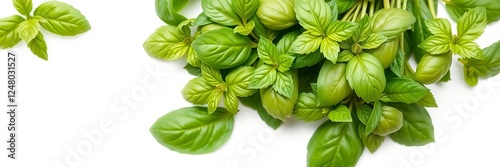 Fresh basil leaves arrangement on white background, green, cooking, herb photo