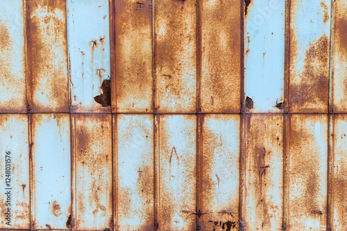 A close-up of a rusted metal wall featuring a pattern of vertical panels with significant corrosion and peeling paint. The combination of brown rust and faded blue paint creates a striking contrast