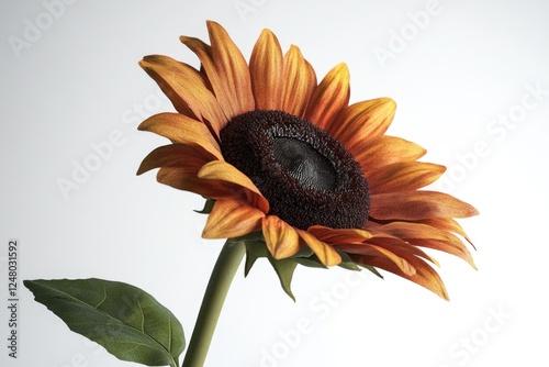 A single sunflower sits alone on a white background, perfect for use in branding and design projects photo