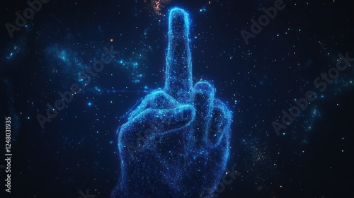 Glowing digital hand making obscene gesture against dark space background.