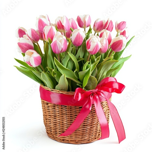 A wicker basket filled with pink and white tulips tied with a red ribbon, on isolated white background