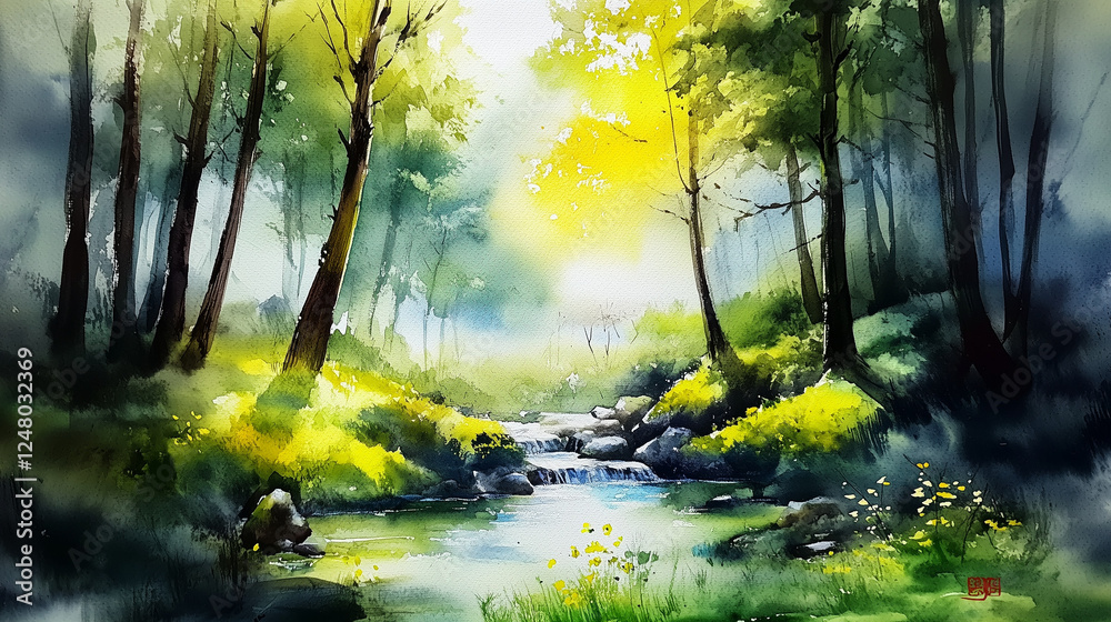 Fototapeta premium 水彩画,風景,自然,淡色,絵画,自然風景,美しい景色