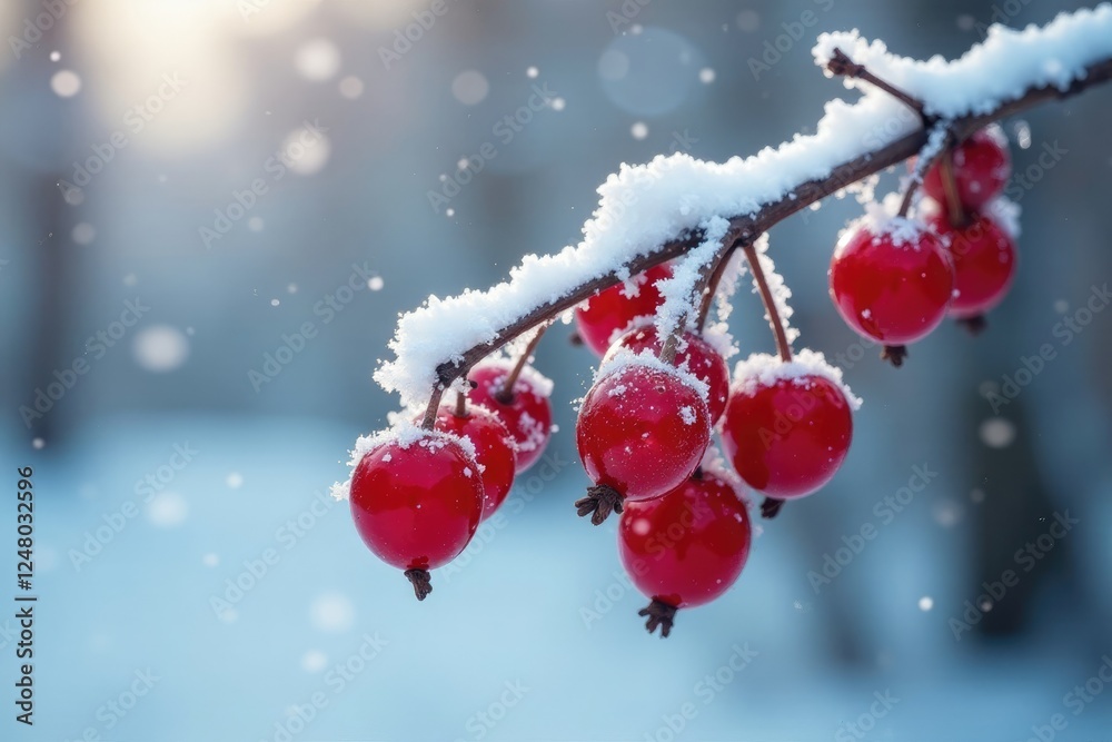 Snow-covered branch holds frozen red currants, red, berries, branch