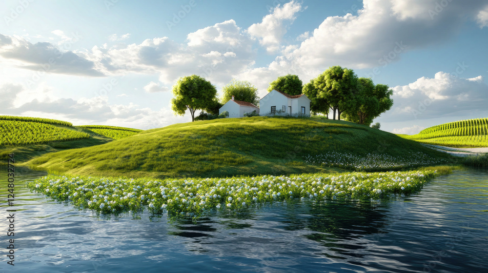 Obraz premium Beautiful House on a Floating Island Surrounded by Lush Greenery and Water