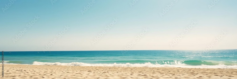 Serenity landscape of sandy beach with gentle waves and clear blue sky, tranquil, outdoors, beach Serenity landscape of sandy beach with gentle waves and clear blue sky, tranquil, outdoors, beach