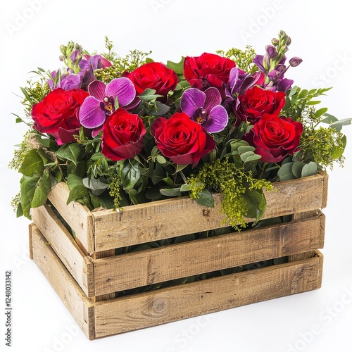 A wooden crate filled with red roses, purple orchids, and greenery, on isolated white background