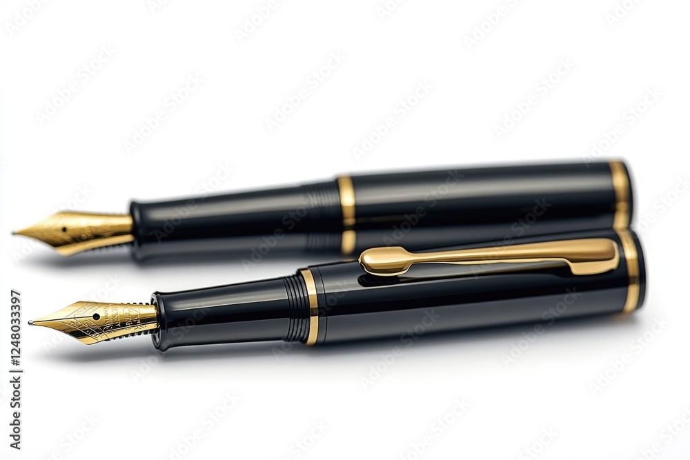 Two fountain pens sit side by side on a white surface, ready for use Two fountain pens sit side by side on a white surface, ready for use