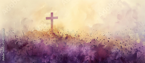 A serene and artistic illustration featuring cross surrounded by layers of abstract purple and lavender mountains. Religious concepts. Christian religion backgrounds