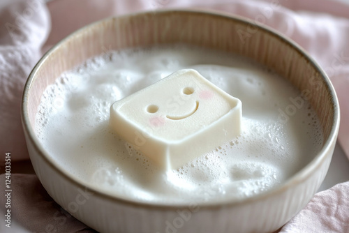 A bar of shaving soap smiling as it spins in a bowl, creating fluffy clouds of foam photo