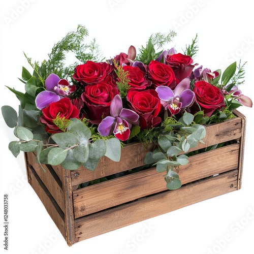 A wooden crate filled with red roses, purple orchids, and greenery, on isolated white background