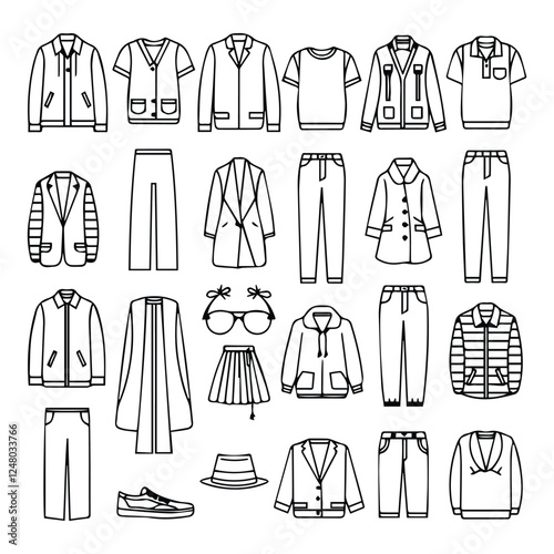 Black outline of different clothing vector illustrations set. Collection of doodles of male and female clothes for summer and winter isolated on white background. Fashion, charity, seasons concept