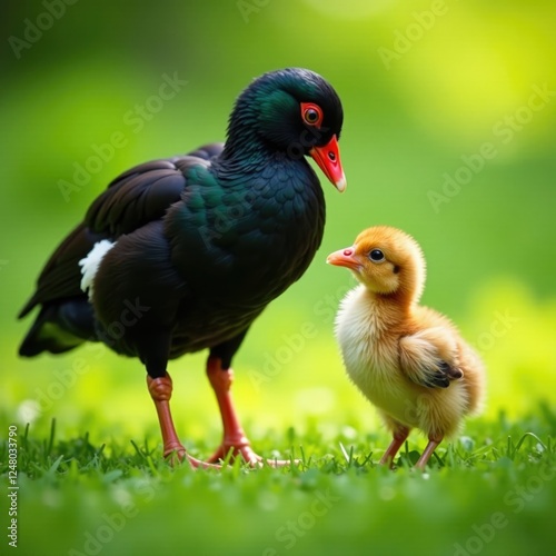 Mother moorhen tending to injured and hungry chick, healing, tenderness